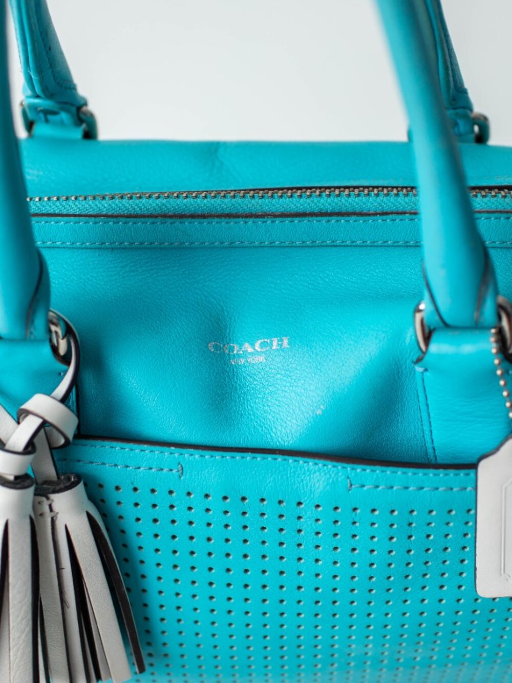 Coach Legacy Perforated Leather Haley Satchel Turquoise Aqua Fringe Leather 2012 - Picture 2 of 11